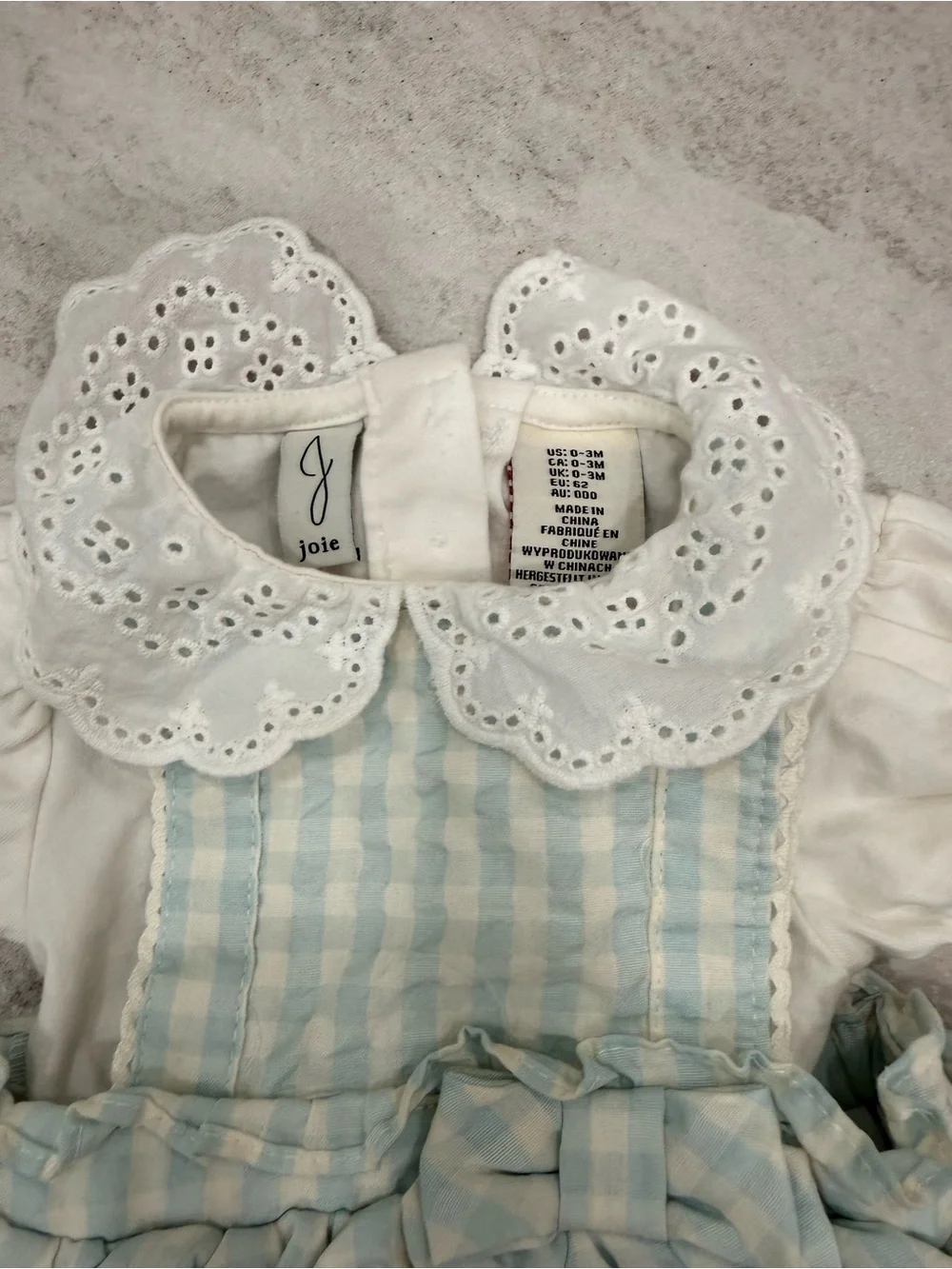 Joie Baby Blue Gingham Dress Romper with White Eyelet Collar